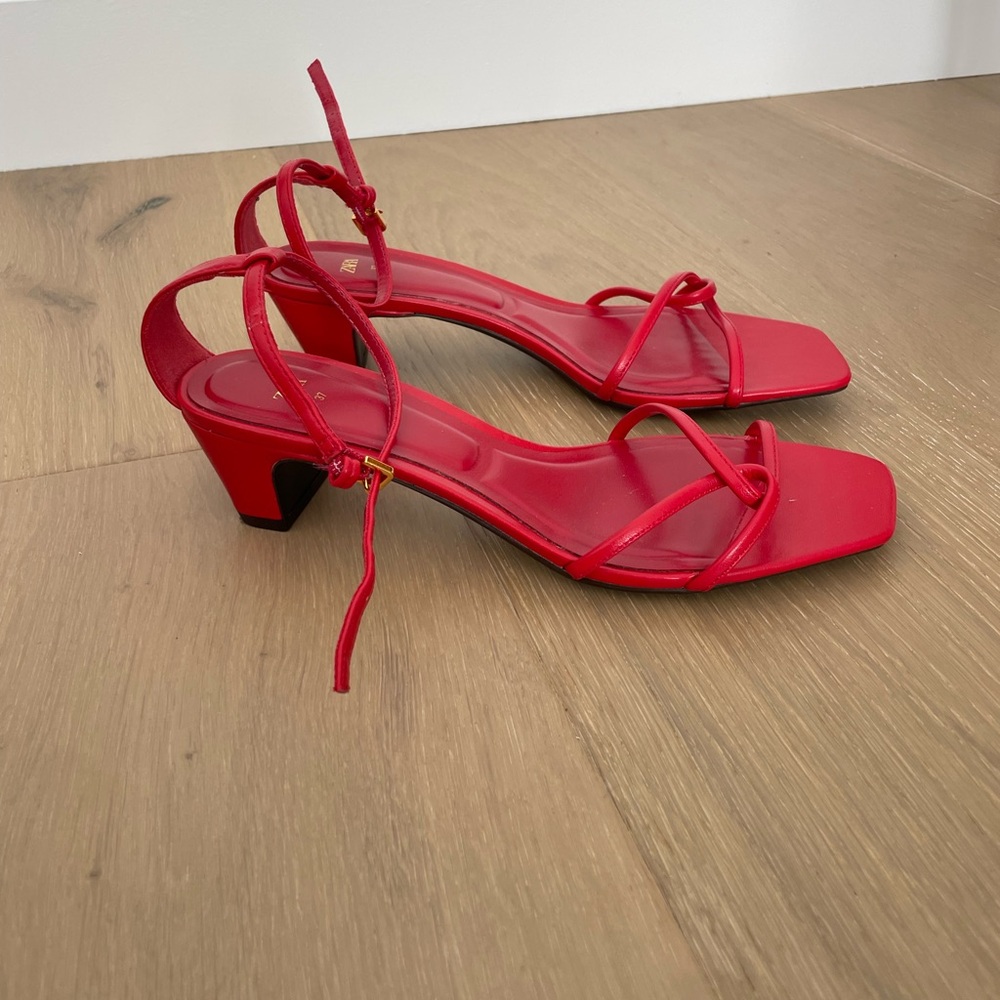 Zara Red Strappy Kitten Block Heel Sandal